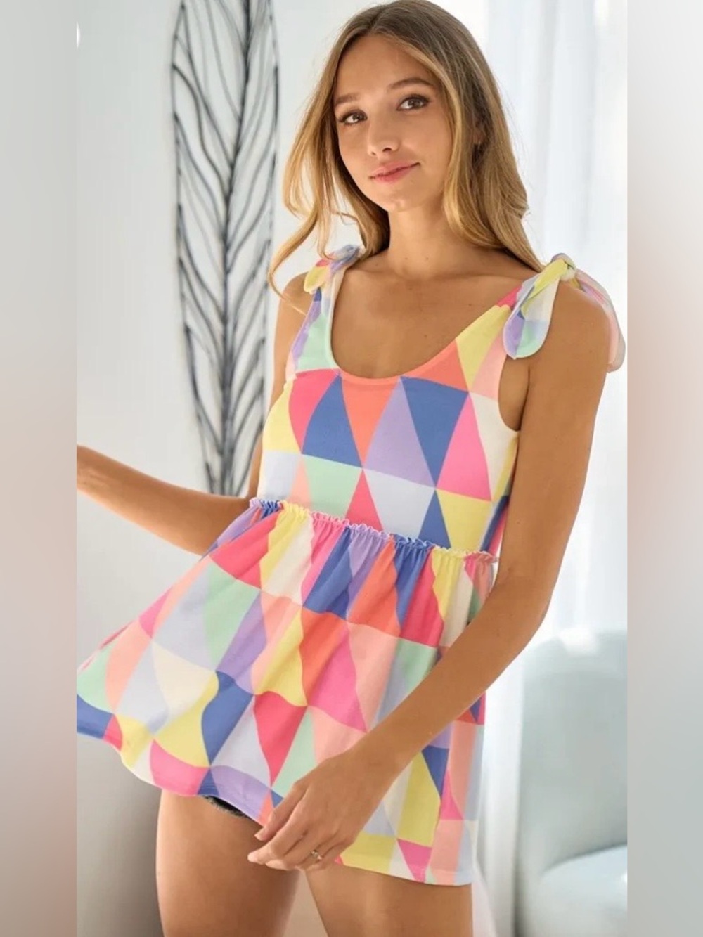 BIBI Multi Color Block Brushed Tied Ribbon Top - Picture 10 of 12